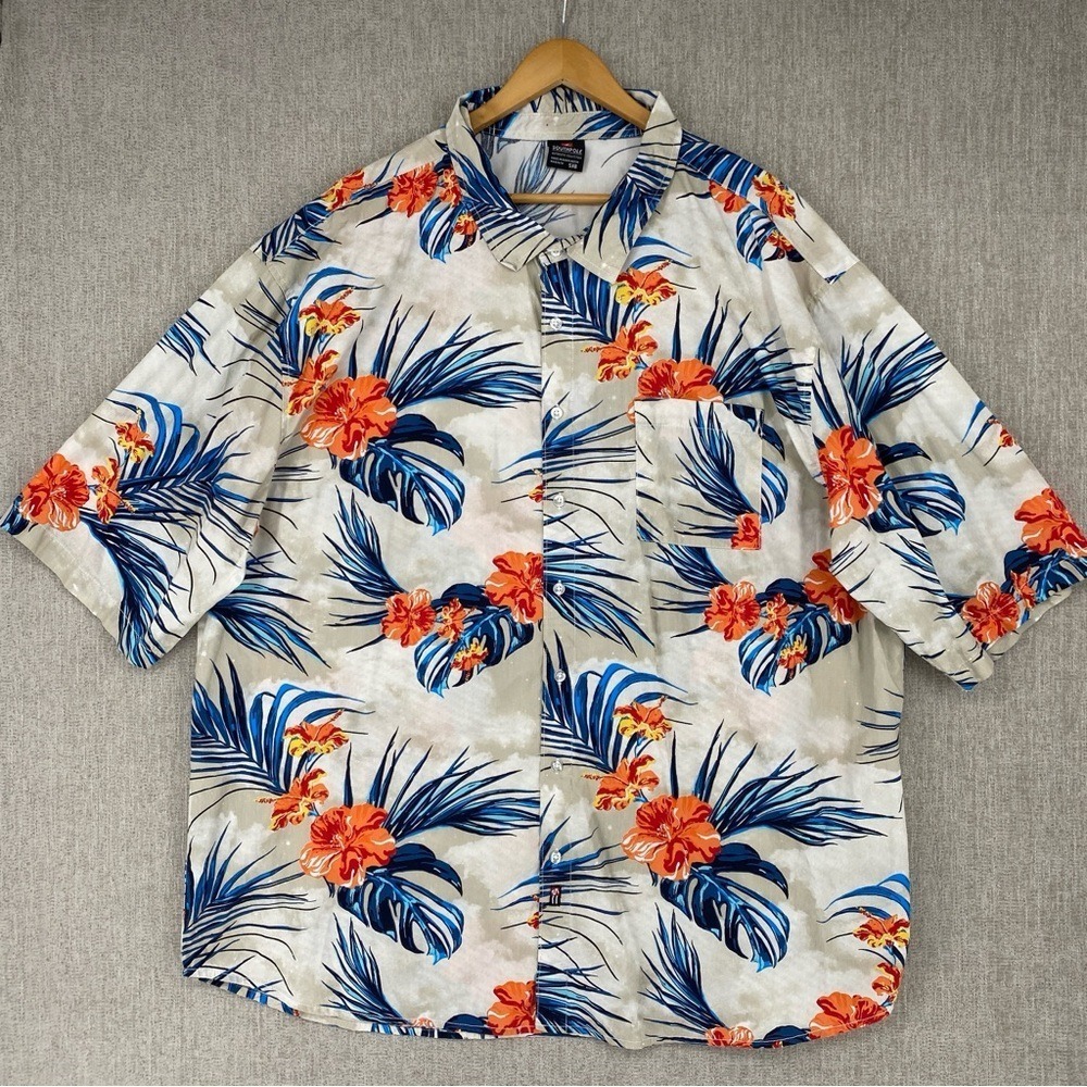 Southpole Tropical Floral Button Up Shirt Men 5XB Beige Blue Short Sleeve Pocket